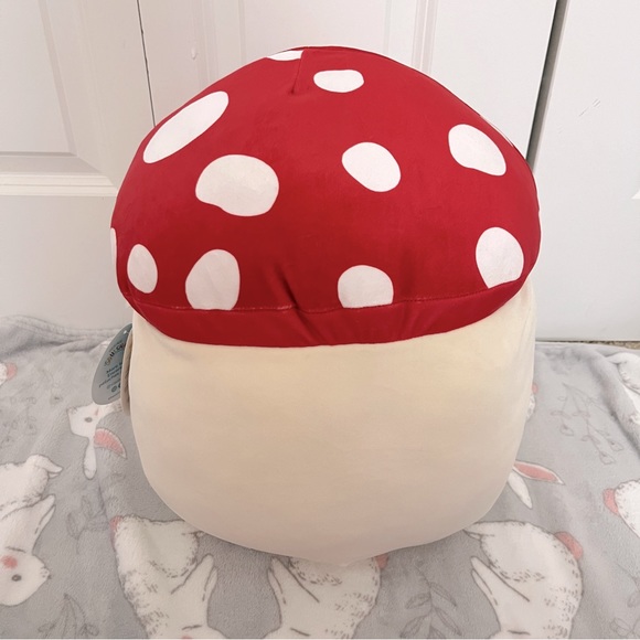 14” Sakina the Red Mushroom Squishmallow with Yellow Floral Flower on Belly - Picture 3 of 4